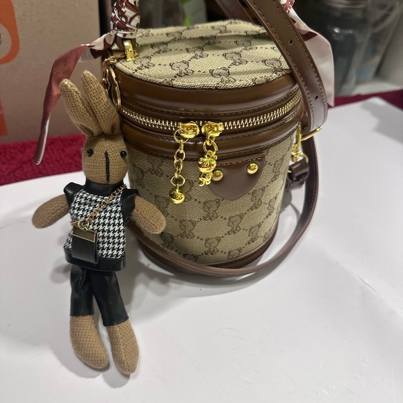 Brown and Tan Crossbody Bag with Gold Accents - Picture 4 of 5